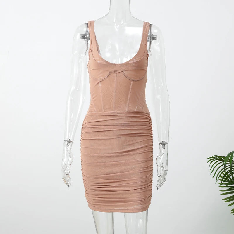 Sexy Nude Fishbone V-neck Dress Women Elegant Sleeveless Pleated Slim Waist-cinching Gown 2026 Summer Party Casual Streetwear