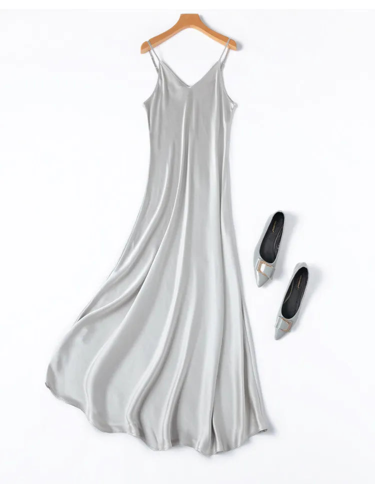 Tcyeek Woman Long Dress, 100%Real Silk, V Neck, Solid Spaghetti Strap Dresses, 2025 Elegant Chic Clothes