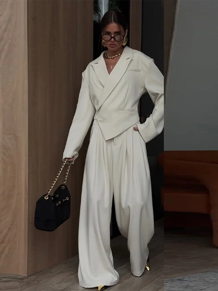 Women Solid Top Pants Set Lapel Neck Single Breasted Oversized Coats Ruff Leg Loose Pants Set Lady Spring Chic Casual Sets Wear