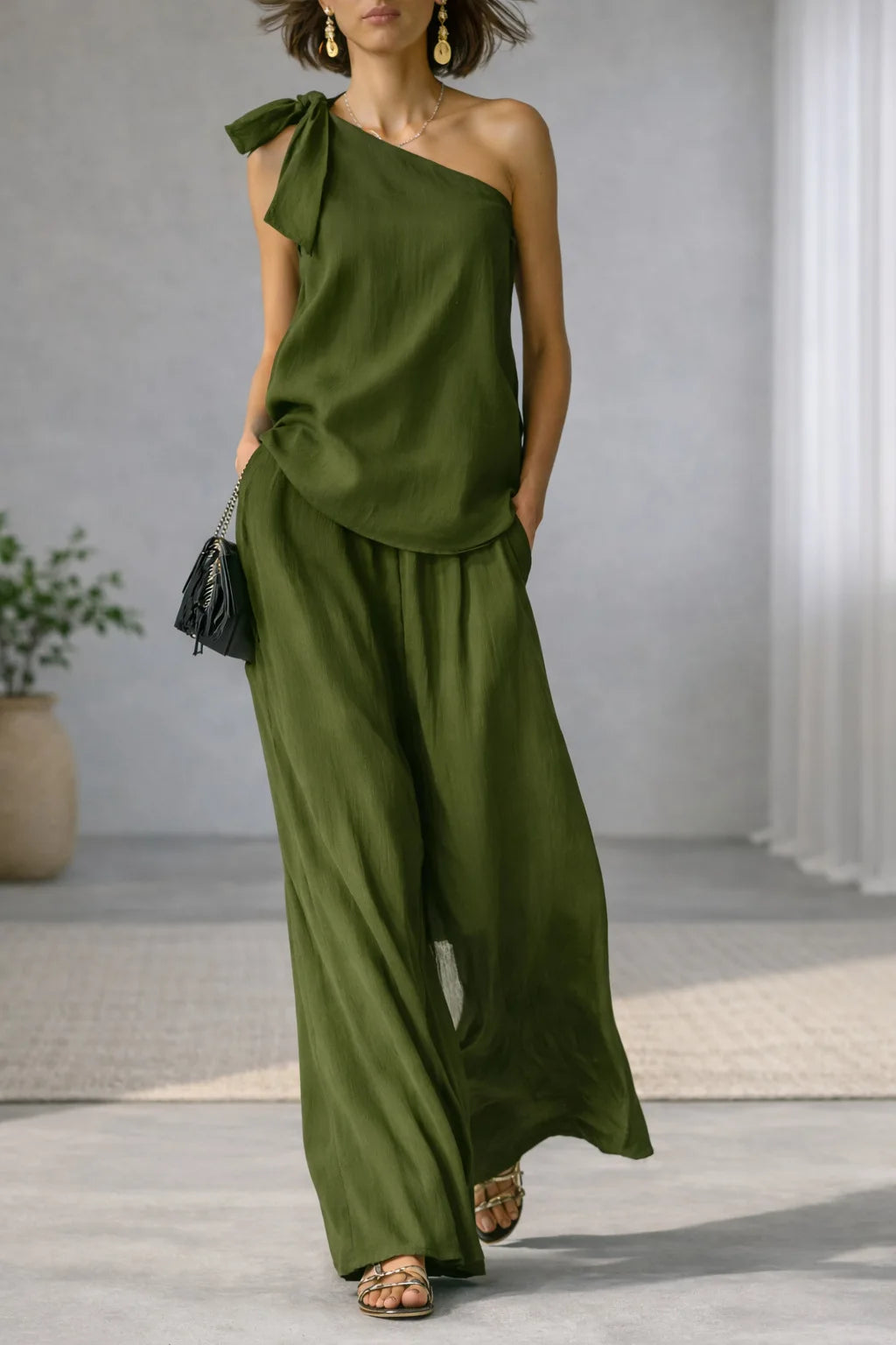 Women's 2 Piece Set 2026 Summer Sexy One Shoulder Tie Knot Top And Wide Leg Pants Suit Casual Loose Summer Beach Vacation Outfit