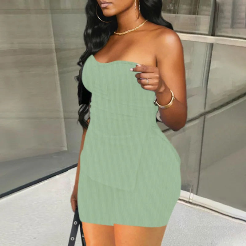 Sexy Solid Slim Suit For Women Fashion Strapless Side Split Top Elastic Waist Package Hip Shorts Two Piece Set 2026 Summer New