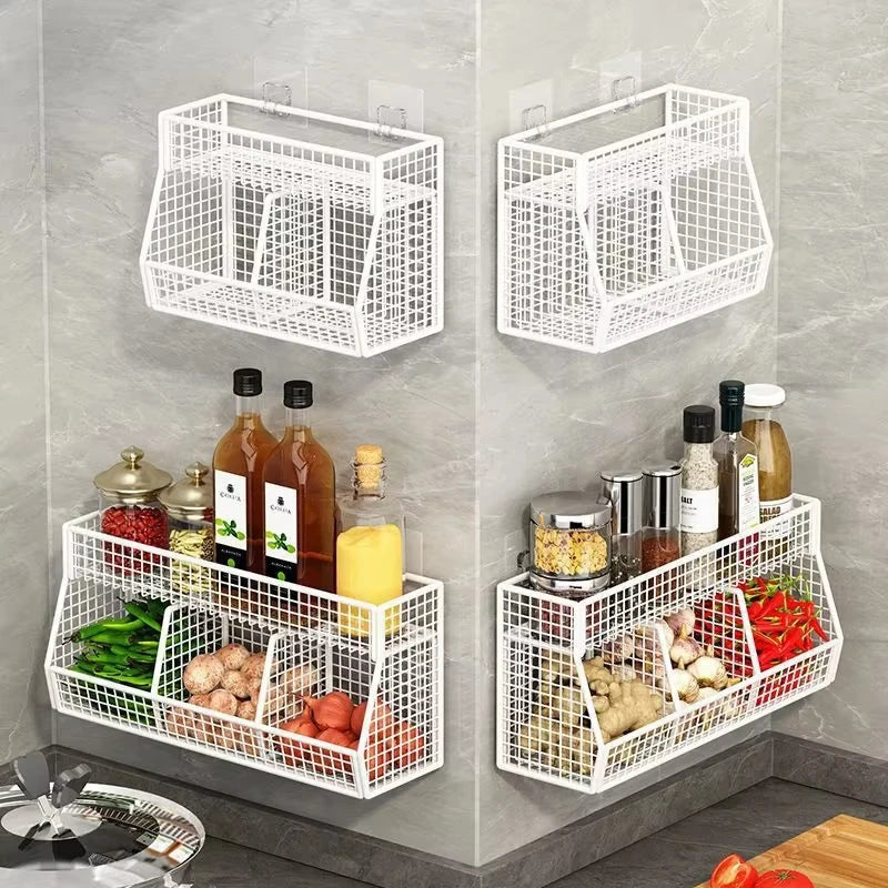 Kitchen Storage Rack with Three Compartments Screwless Wall-Mounted Multi-Functional Kitchen Storage Item for Household Use