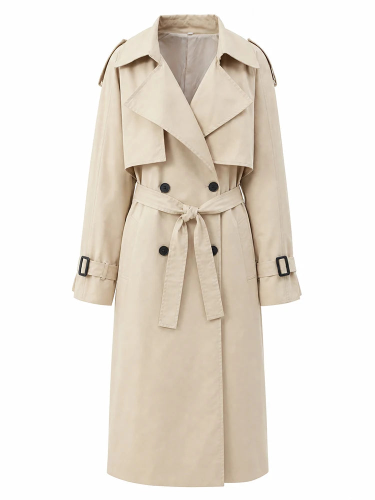 Khaki Lace Up Cape Trench Coat Loose Solid Full Sleeve Lapel Windbreaker 2026 Autumn New Fashion Commute Casual Daily Coats