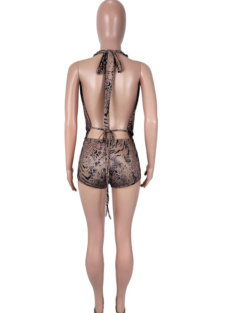 Beyprern Leopard Tiger Print Sexy Halter Two Piece Set Women Summer Backless Deep V Neck Drape Top And Shorts Matching Sets