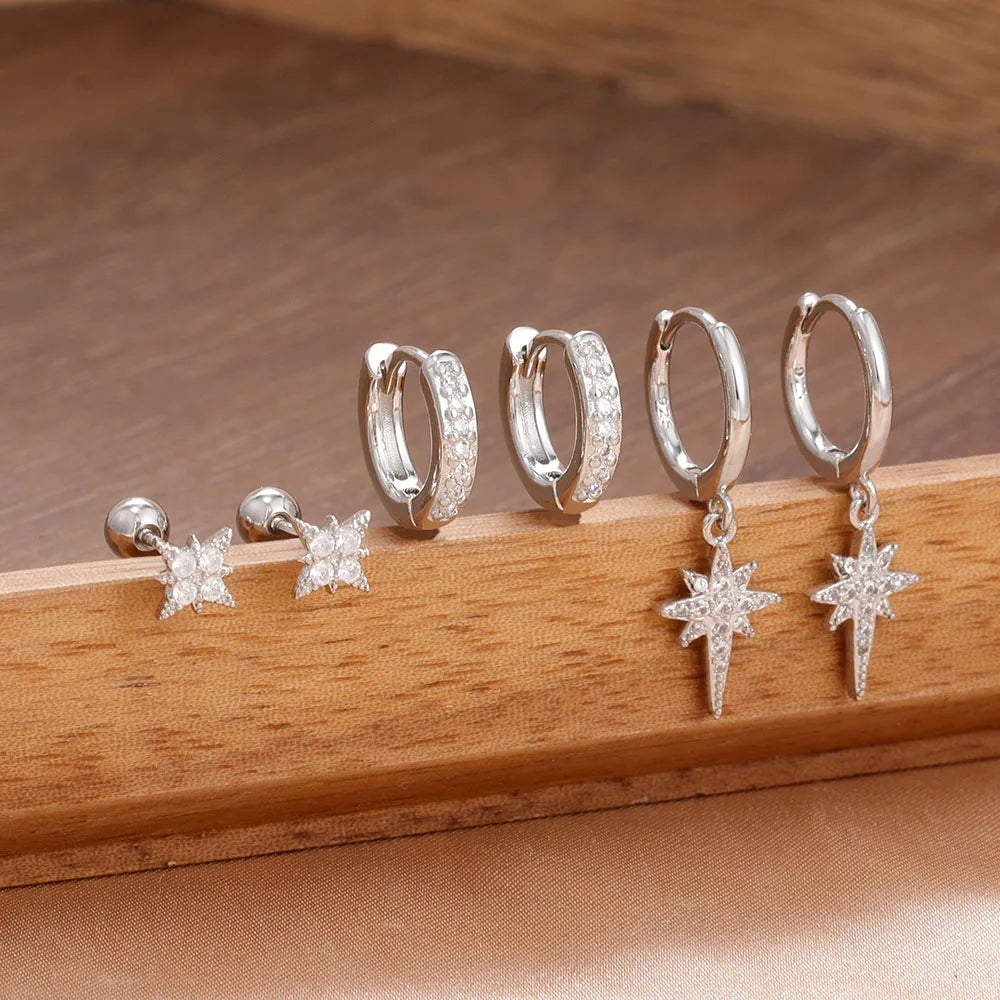 3 Pairs Stainless Steel Zircon Hoop Earrings Set Trendy Twinkle Star Ear Stud Earring Jewelry Prevent Allergy Party Accessories
