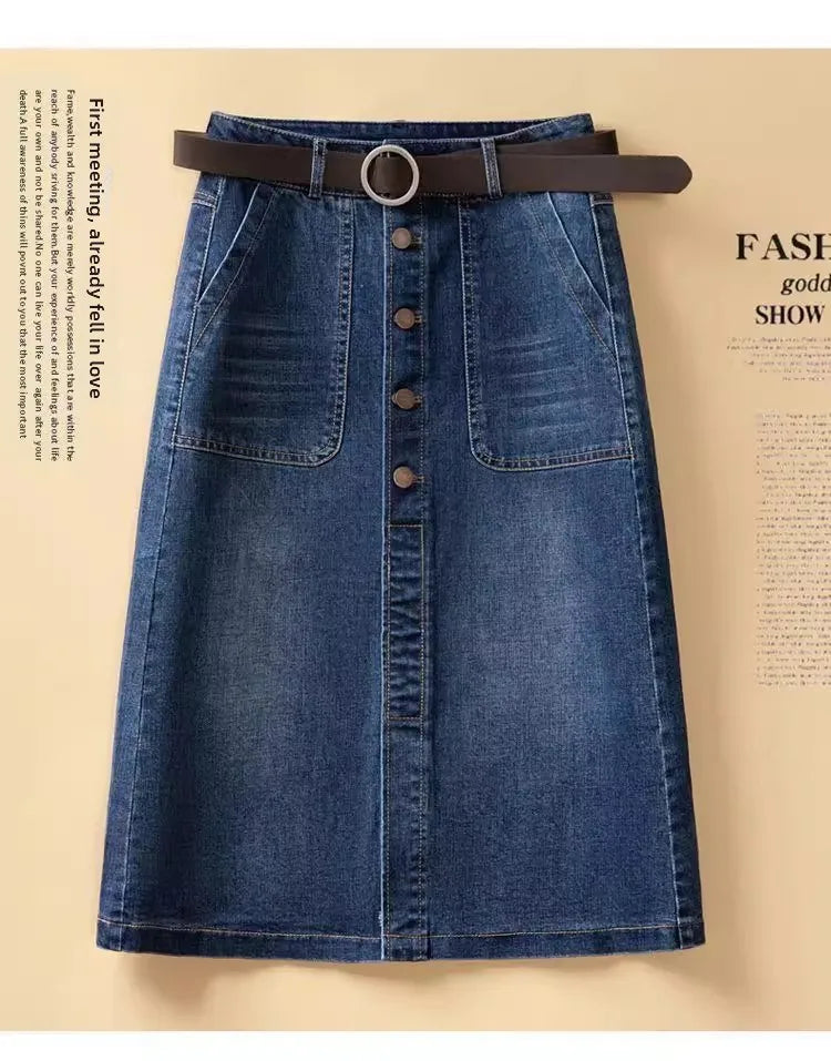 High Waist Washed Cotton Denim Skirt Mid-Length A-Line Women's Skirt Spring Summer New Style Casual Pure Color Button Design