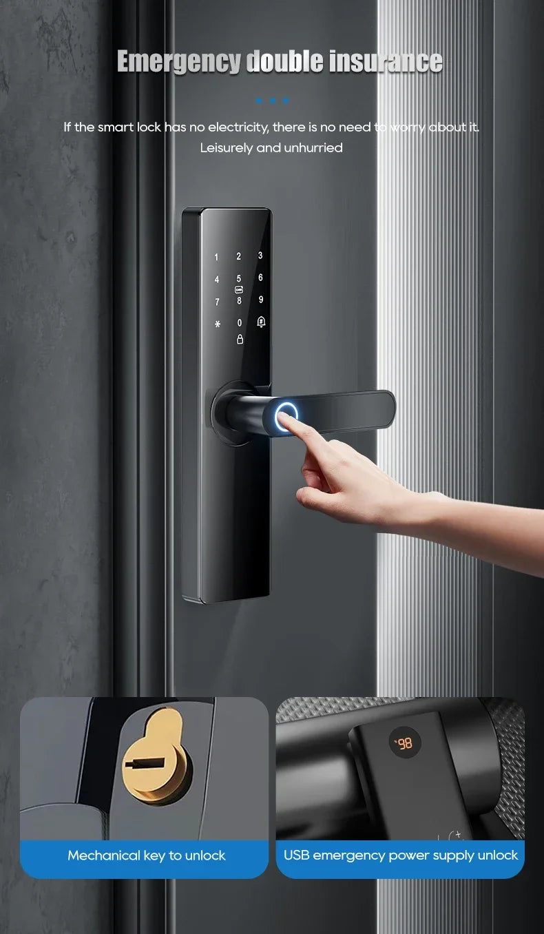 Smartlock Fingerprint Biometrics Smart Electronic Door Locks Application Control Smart Card Key Entry and USB Emergency Charging