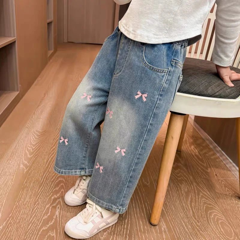 Girls' Jeans Straight Wide Leg Washed Soft Cow Pine Girl All-Match Wide and Long Pants Spring New