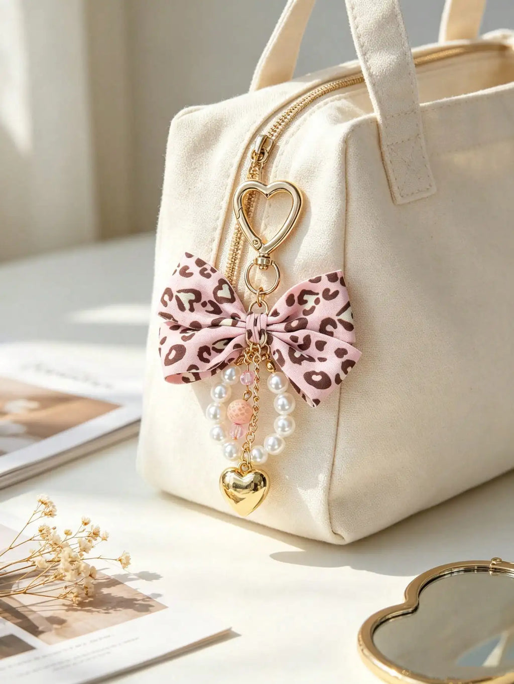 Leopard Print Bow Keychain Heart Pendant Women's Bag Simple Charm Pearl Keychain Beaded Charm Gift For Women