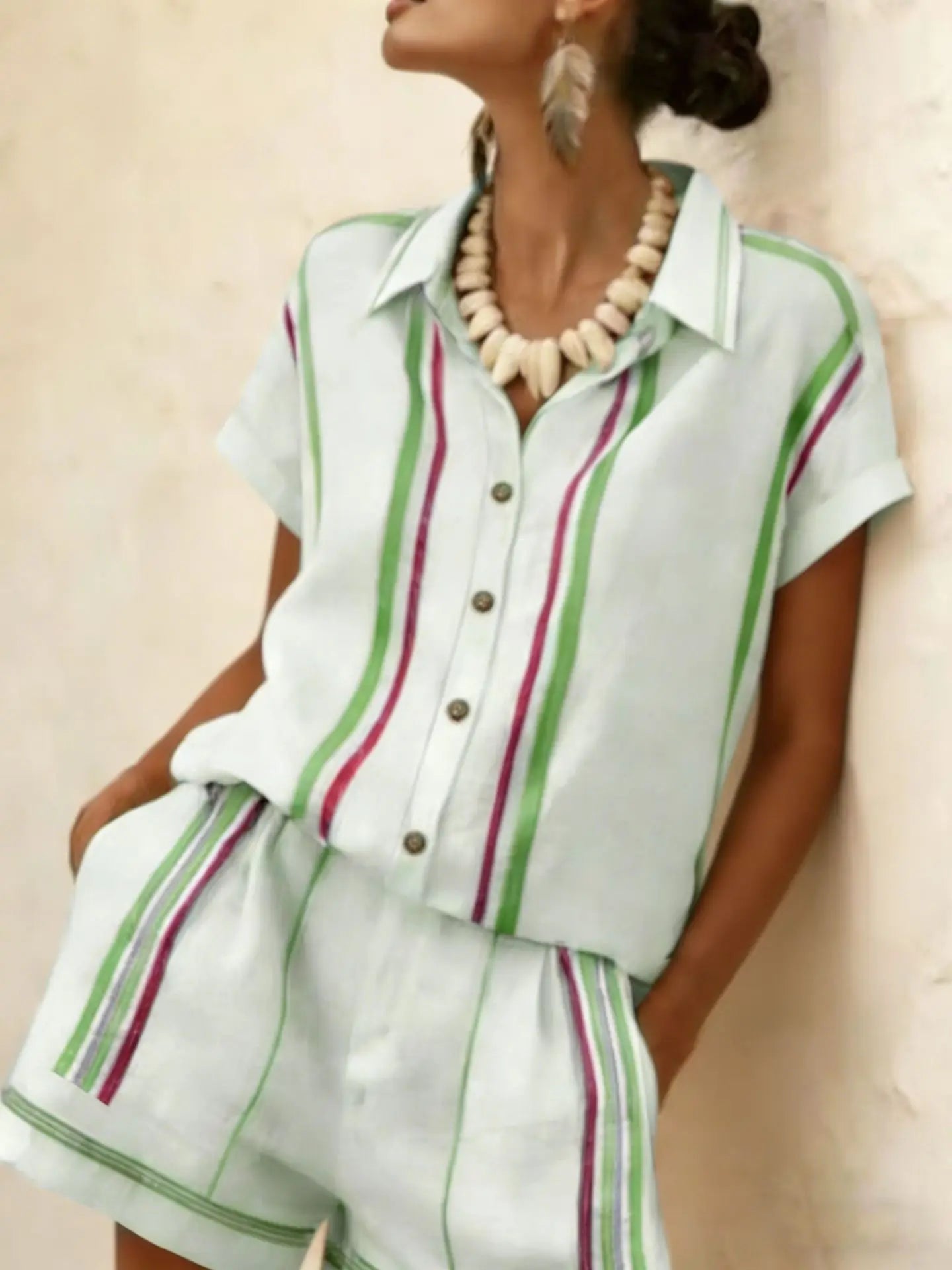 2026 Women Two-piece Set  Vertical Striped Top Women's Summer Loose Casual Versatile Lapel-neck Shorts Sleeve Shirt Shorts Suit