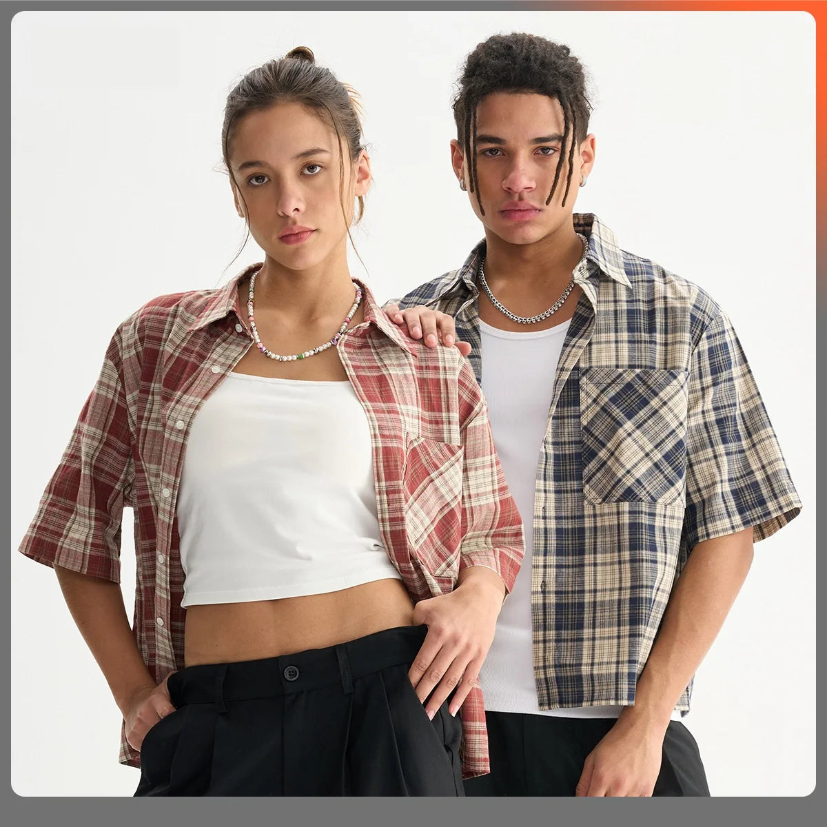 Mens 100% Cotton Short Sleeve Cropped Plaid Shirt for Summer Boxy Fit Button Up Custom Flannel Fashion Street Clothes Unisex