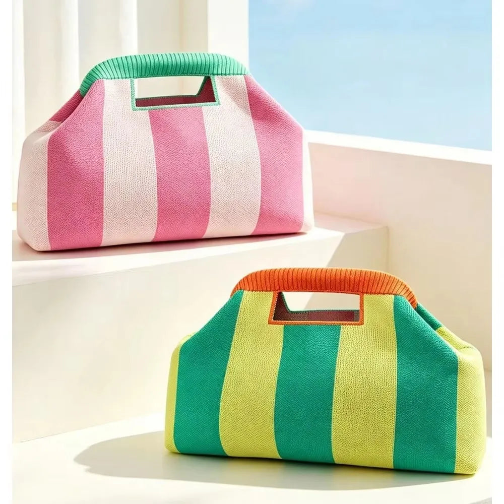 New Woven Bag Hollow-Out Striped Knitted Handbag Fly-Knitted Cloud Versatile Portable Cosmetic Bag