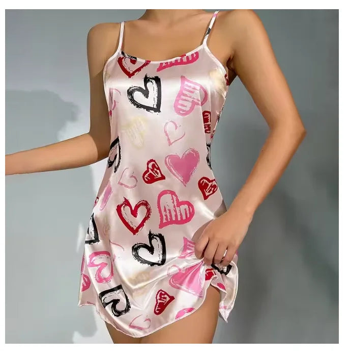 Sleepwear Women's Sexy Lingerie Heart Print Nightdress Scoop Neck Criss Cross Back Sleepdress Nightgowns Pajamas Nighties