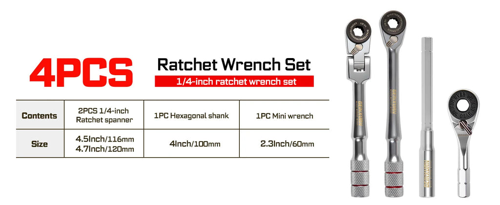 Geinxurn 1/4-inch Ratchet Wrench Set, Multi-Angle Design, Portable Hand Repair Tool Kit, for Confined Spaces & Daily Repairs