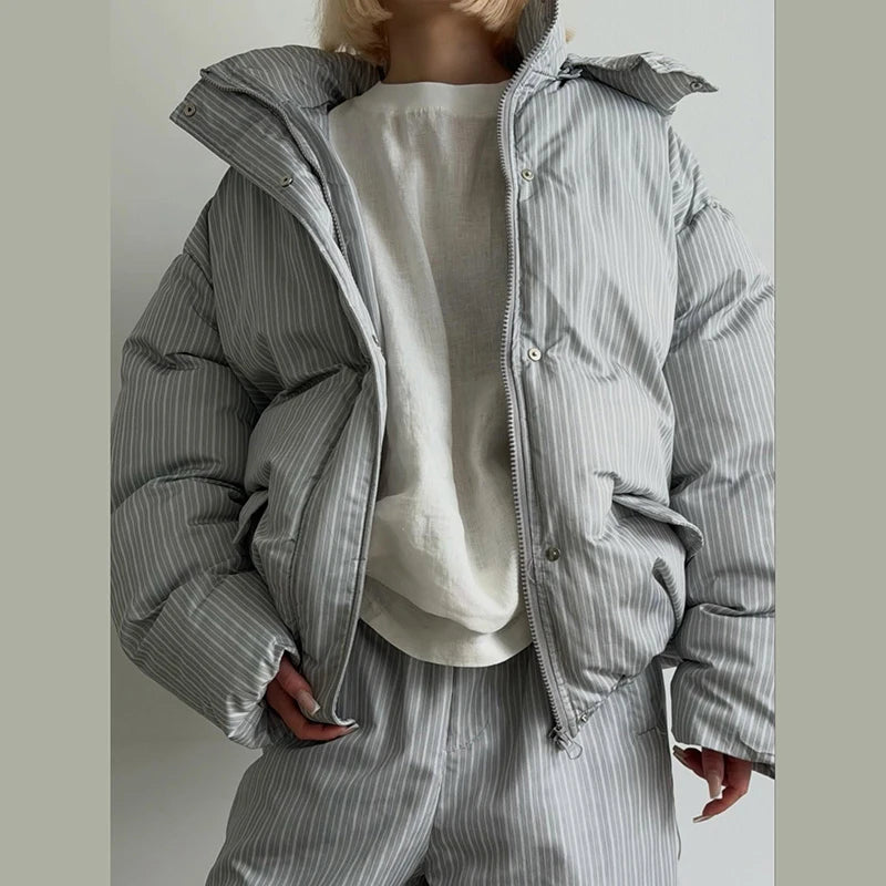 Casual Women's Stripe Set With Hat Full Sleeve Cotton Padded Coat Straight Pants Female Loose Sets 2026 Autumn Winter Lady Suit