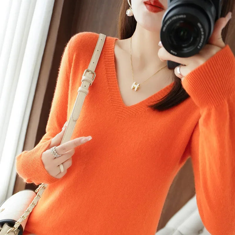 Women's Sweater 2025 Autumn Winter Knitted Pullovers V-neck Slim Fit Bottoming Shirt Solid Soft Knitwear Jumpers Basic Sweaters