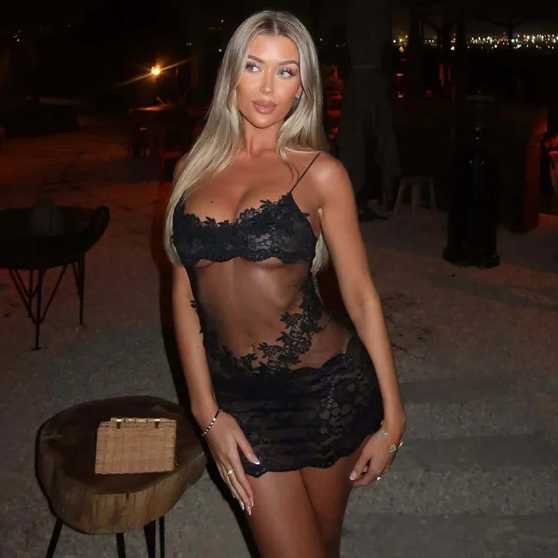 Woman Clothing Spaghetti Strap Mesh Lace Patchwork Party Club Dress Female Sexy See-through Sleeveless Short Evening Dresses