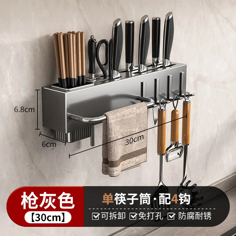 Heavy Duty Carbon Steel Wall Mounted Kitchen Organizer, No Drill Knife Rack for Knives Utensils Cutting Boards, Space Saving