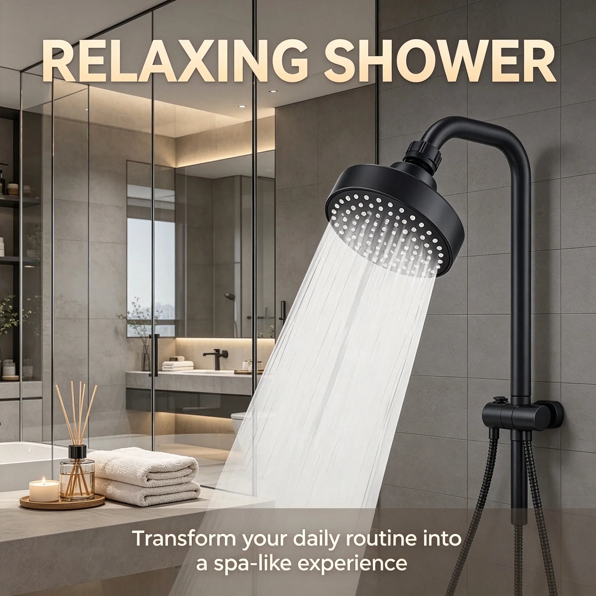 Modern Matte Black High Pressure Rainfall Shower Head with Wall Arm Large Round Fixed Overhead Spray Soft Silicone Jets