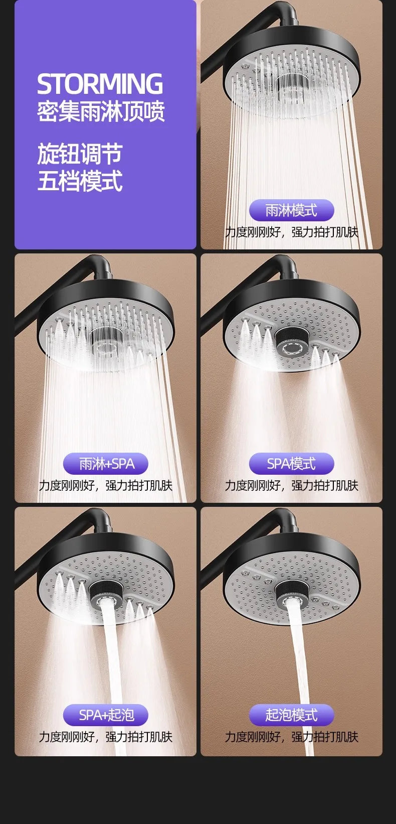 2025 New 5 Modes Large Flow Rainfall Shower Head Supercharge Shower High Pressure Top Spray Rain Showerhead Bathroom Accessories