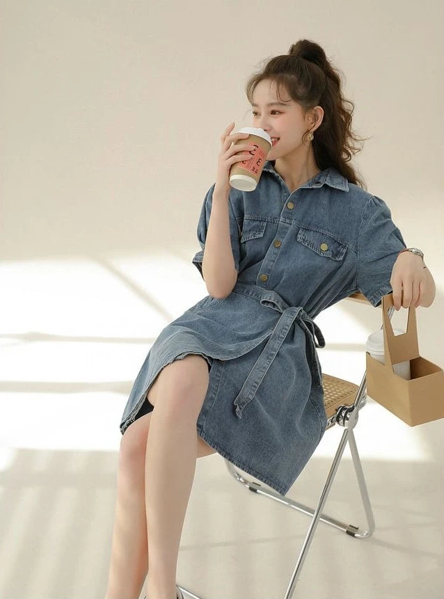 2026 Summer New Slimming Short Sleeve Midi Denim Dress Stylish Trendy Waist Cinching Women's Popular Wear