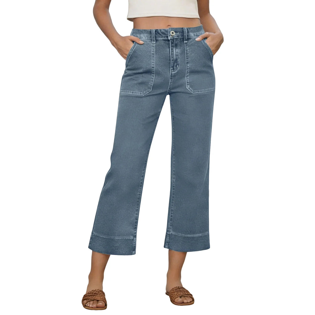 Wide Leg Jeans With Front Pockets For Women Cropped Micro Cut Pants High Waisted Patch Pocket Straight Leg Jeans Summer Pants