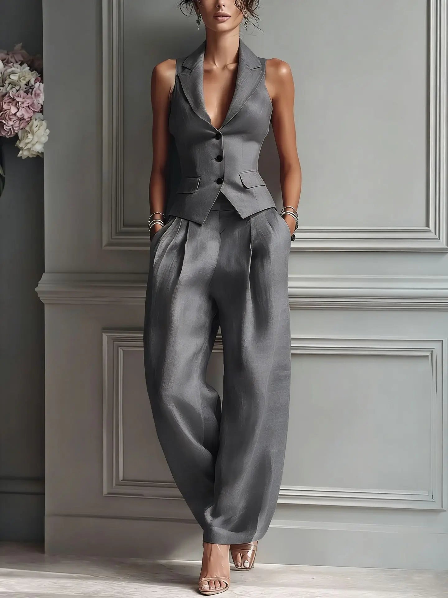 2026 Summer Women Two Piece Set Single-breasted Sleeveless Vest Top And Trousers Pants Set Suit Office Ladies Suits