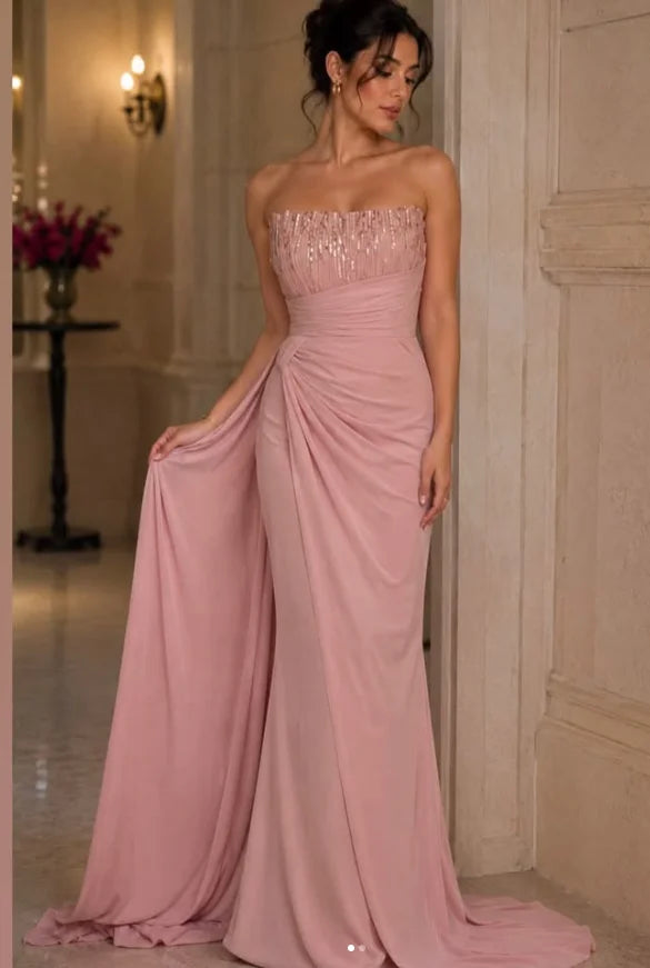 Pink Chiffon  Arabia Evening Dresses Luxury Strapless Beaded Sequins Party Dress Mermaid Long Formal Prom Dress Customized