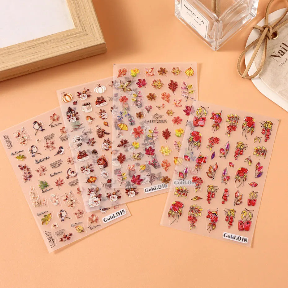 2/4pcs 5D Laser Autumn Bird Decals Fall Embossed Maple Leaves Squirrel Nail Sticker Fruits Flower Engraved Charm Manicure Decor