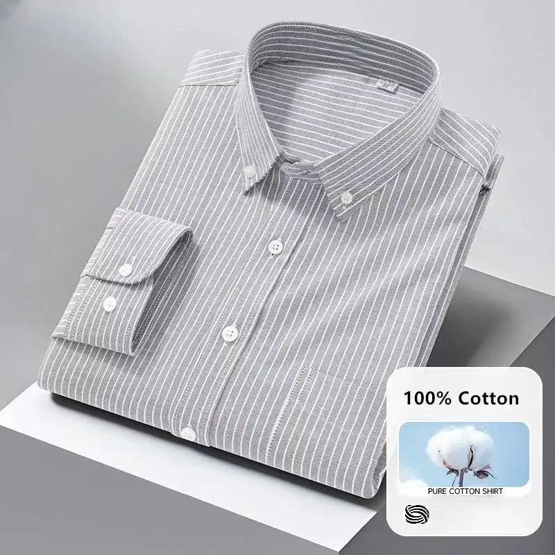 High Quality Men's Dress Shirts Long Sleeve Spring Autumn 100% Cotton Oxford Causal Stripe Social Slim White Man Clothing 5XL