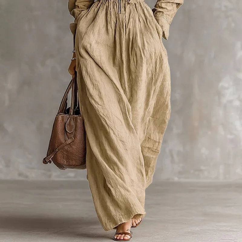 Women Lapel Zip Cargo Pocket Long Dress New Spring Solid Cotton Linen Maxi Dress Fall Long Sleeve Elastic Waist Loose Boho Dress