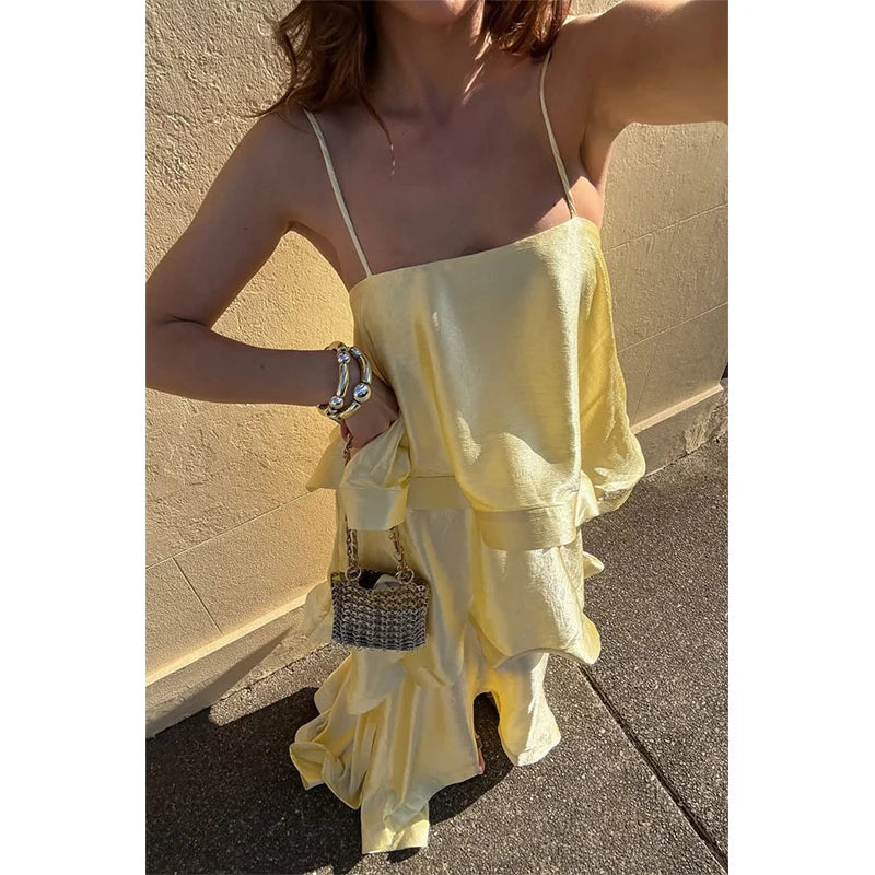 Chic Multicolored Pleated Women Maxi Dress Elegant Spaghetti Strap Ruffle Tiered Flowy Vestidos 2026 Summer Lady Vacation Outfit