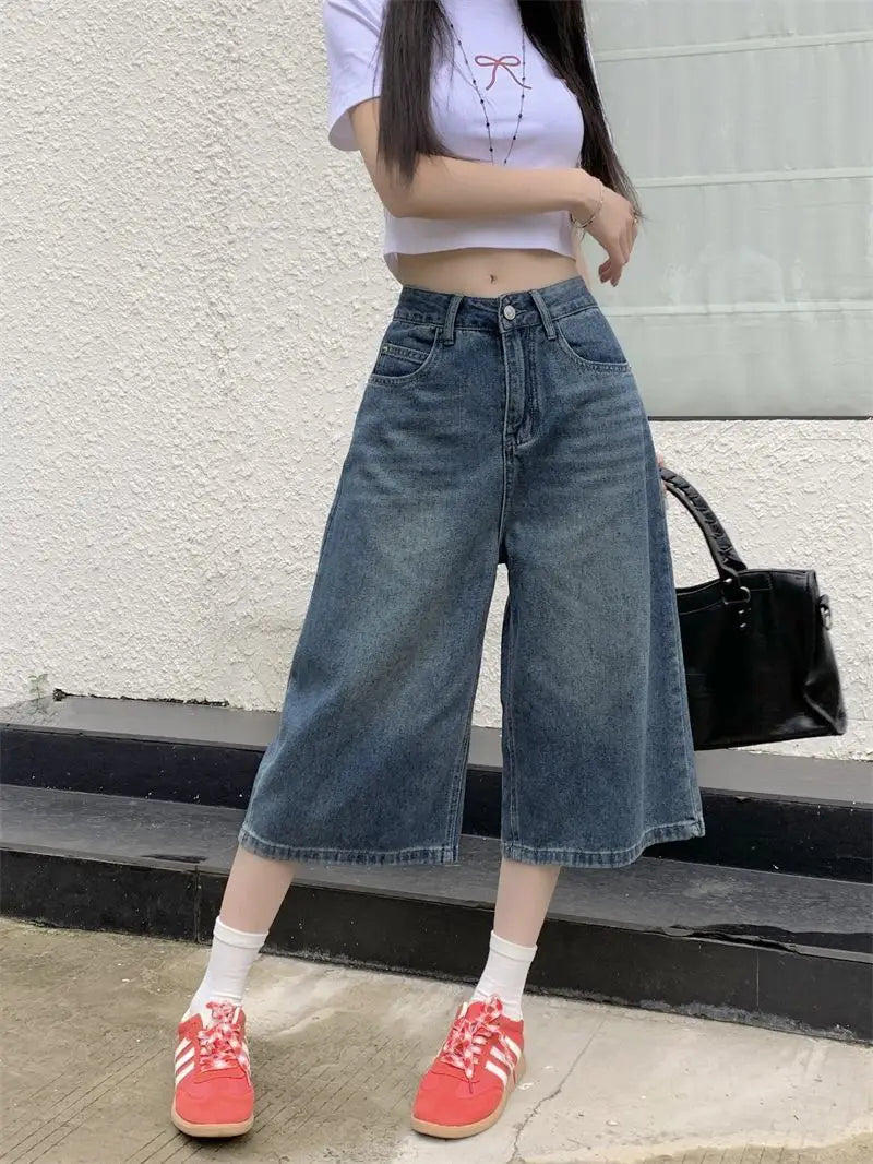 Summer American Style Vintage Women Baggy Jeans Y2k Loose Washed High Waist Knee Length Denim Pants Streetwear Wide Leg Shorts