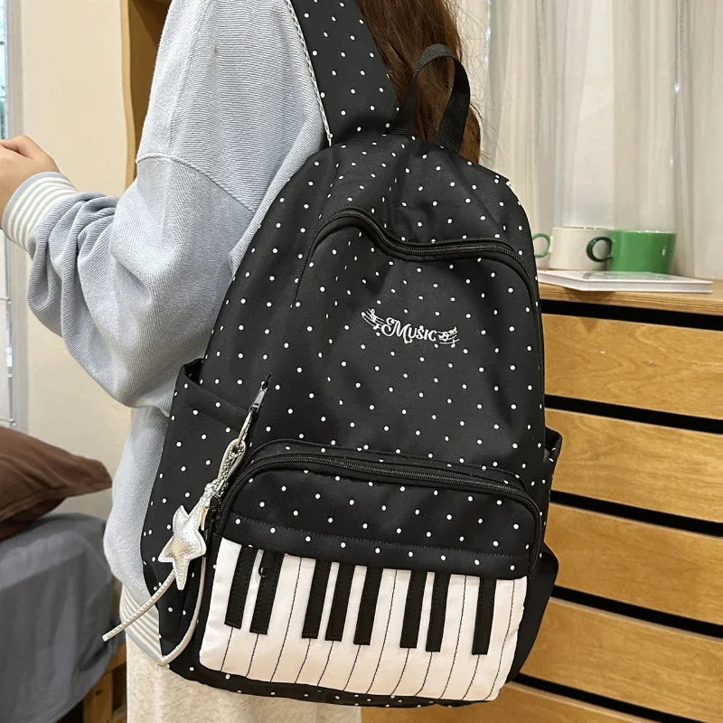 Polka Dot Piano Keyboard Backpack Back-to-school Girl Music Theme Embroidered Nylon Backpack Large Capacity Lightweight Backpack