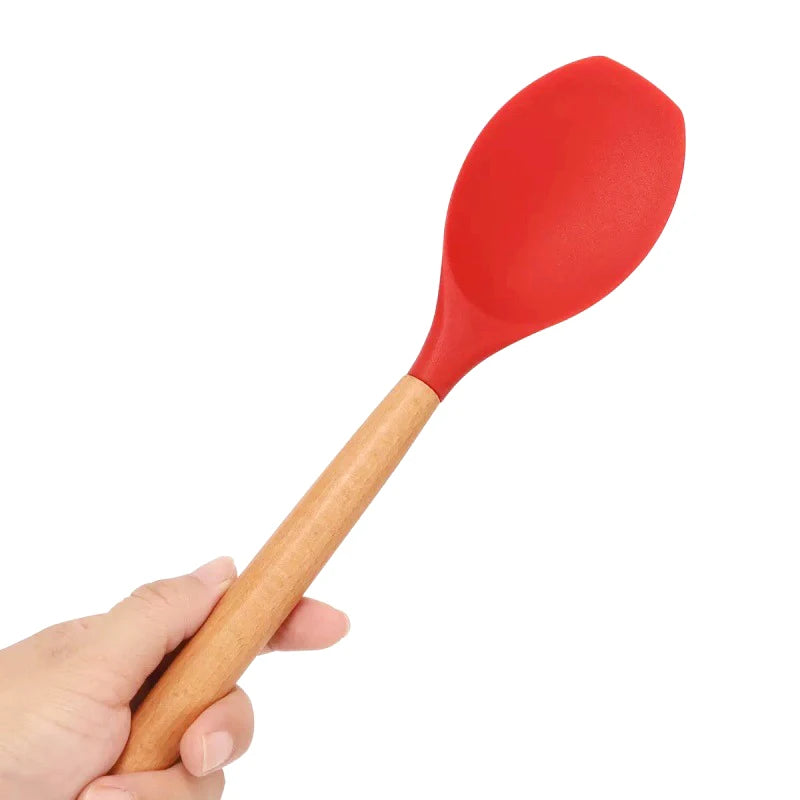 1Pc Silicone Spatula Scoop With Wooden Handle Salad Agitator Pot Scoop Home Cooking Utensils Kitchen Gadgets