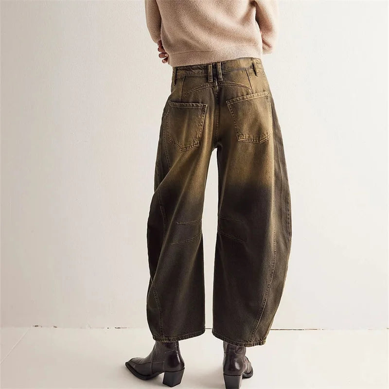 Women Vintage American Style Denim Jeans New Knee Splicing Design Straight Pants Female Commuter Casual Loose Mid Waist Trousers