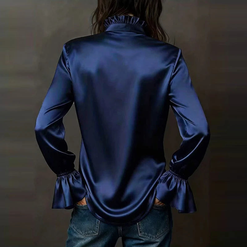 Fashion Women Long Sleeve Silk Shirt Black Turn Down Collar Button Blouse Women Office Tops Mesh See Through Sleeve Satin Shirt