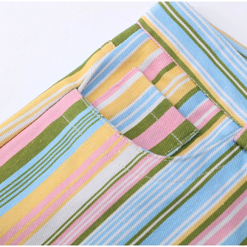 Street Fashion Stripe Women's Pants Zipper Button Pocket Wide Leg Multicolor Vertical Pants 2026 Spring Summer Lady Trousers