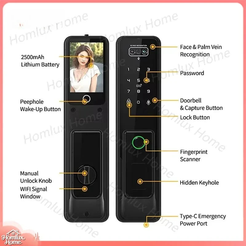 Smart Lock with Video Intercom Camera Facial Recognition Fingerprint Password Palm Vein Authentication Automatic