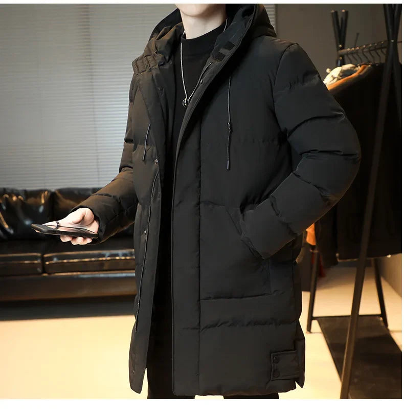 2023 Warm Hooded Mid-length Jacket Mens Casual Zip Up Cotton Padded Jacket Overcoat Autumn Winter Windbreaker Coats Men Clothing