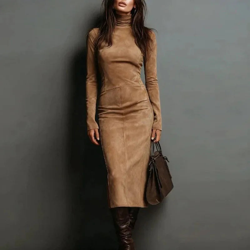 Retro Solid Suede Slim Fit Long Dresses Woman Fall Turtleneck High Waist Party Dress Winter Long Sleeve Pullover Female Clothing