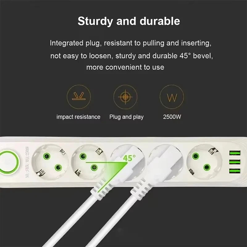 EU Plug AC Outlet 2500W Multiports Power Strip AC Outlet with 3USB Port 2m Extension Cable Round Pin Electrical Charger Adapter