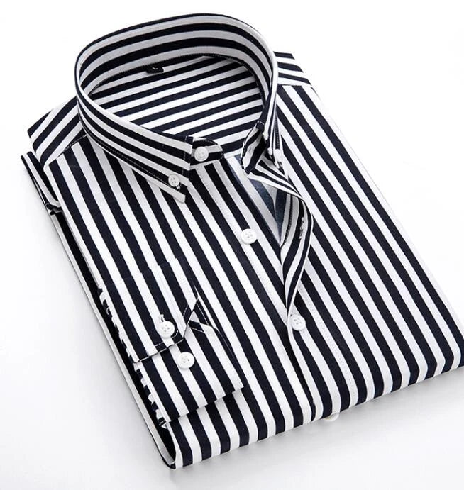 2026 Men's Classic Striped Shirt, Single-breasted Long-sleeved Shirts Autumn New Top Red Blue Black Slim Version Male Chemise