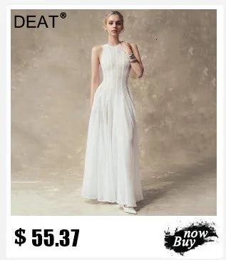 DEAT Fashion Pink Patchwork Sequined Strapless Dress Women's Slim Fit Waist Contraction Flods Floor-length Dresses New  7A2987