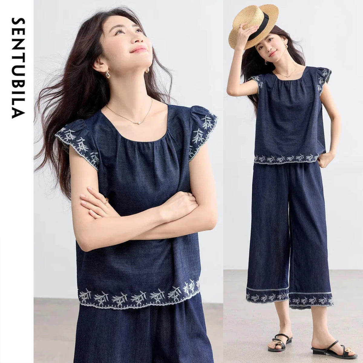 SENTUBILA Summer Demin Pant Sets Woman 2 Piece Outfits 2026 Vintage Flora Embroider Tops Cropped Pant Women's Suit W52ZC2349