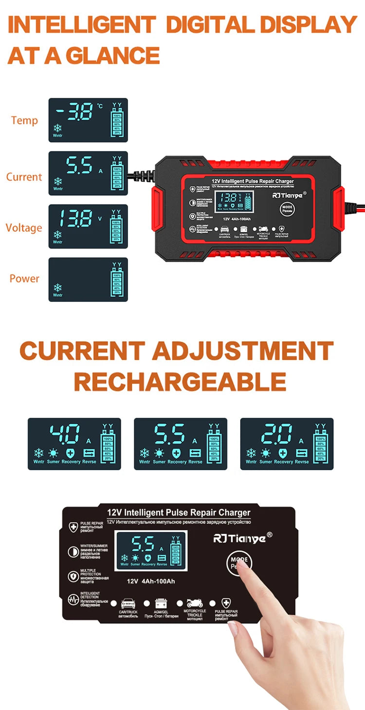 Car Battery Charger 12V 6A Touch Screen Pulse Repair LCD Fast Power Charging Wet Dry Lead Acid Digital LCD Display