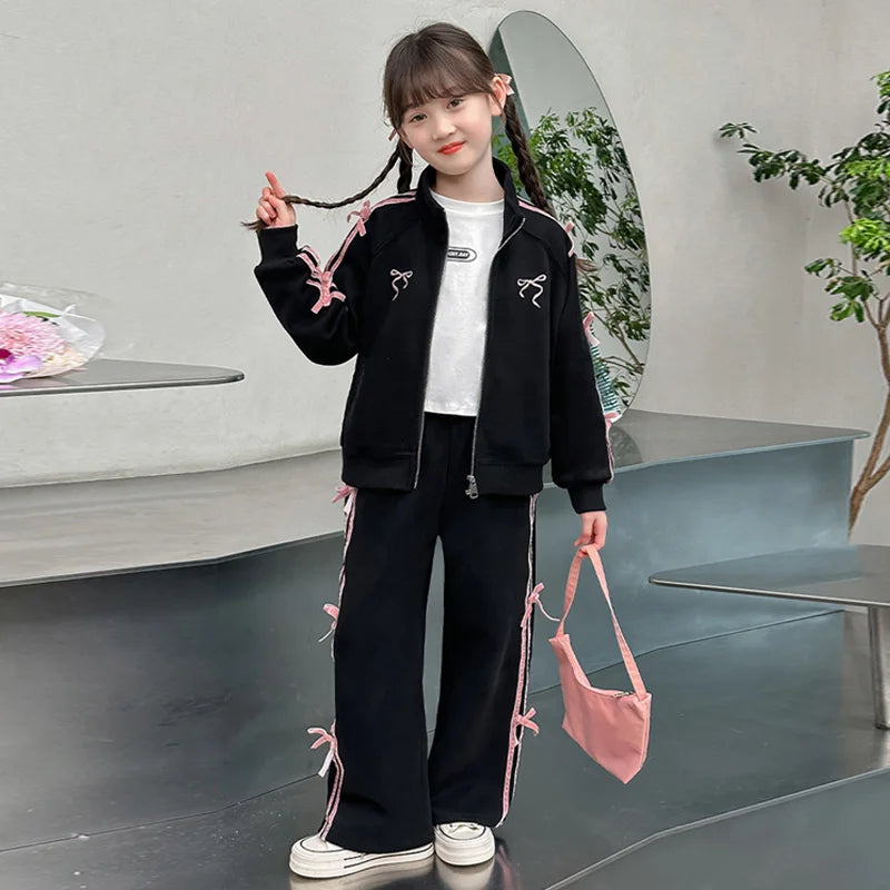 Girls Casual Sets Children Spring Autumn Sports Suits Kids Long-sleeved Jacket+Pants 2Pcs Outfits 2025 Teenager New Bow Clothes