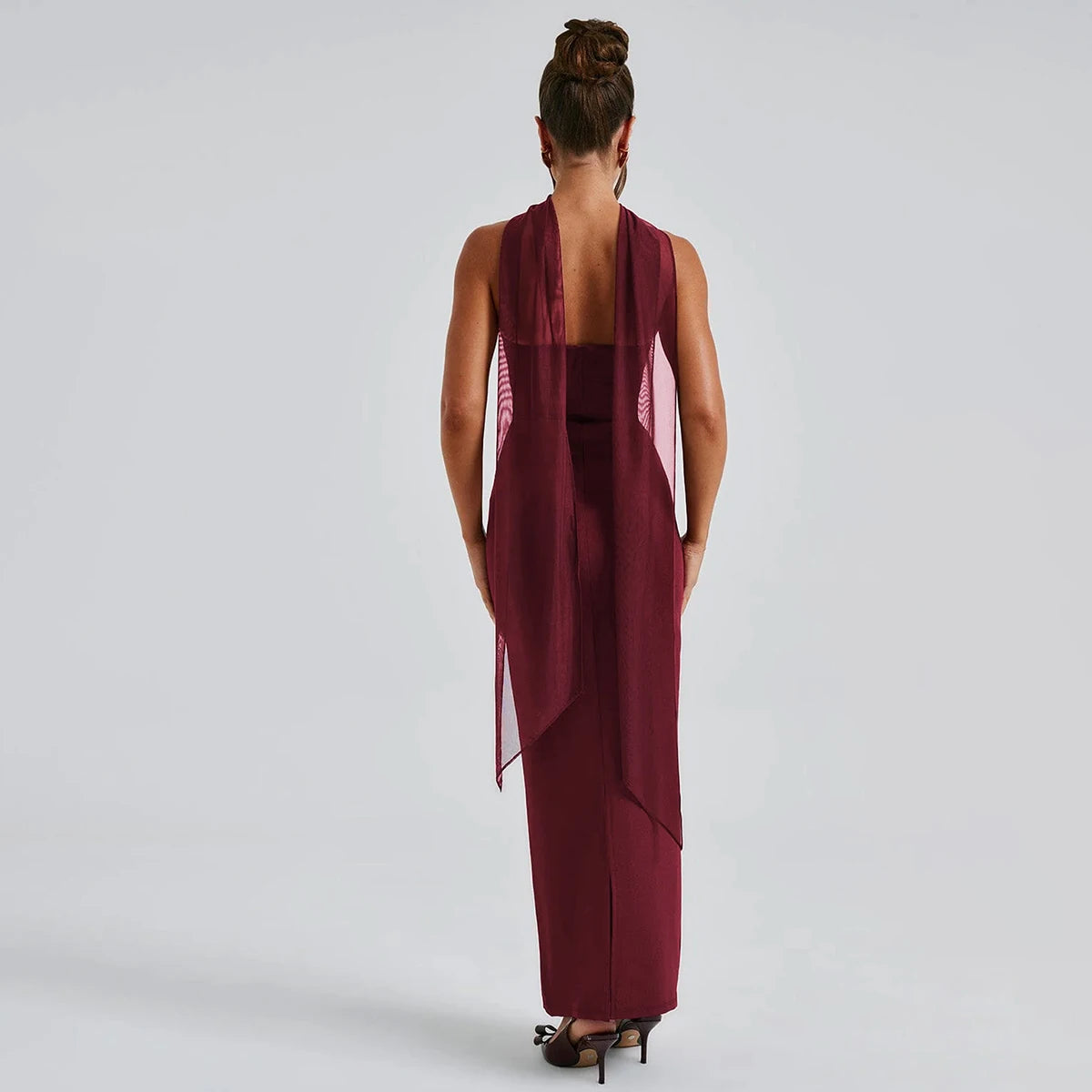Hugcitar Elegant Scarf Strapless Solid Mesh Gloves Sexy Bodycon Maxi Prom Dress Women Fashion Y2K Outfits Wedding Party Birthday
