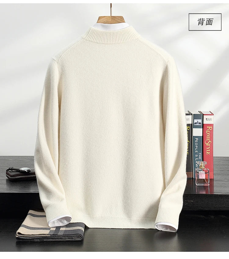 Autumn/Winter Men's 100% Cashmere Pullover Business Casual Solid Knitted Sweater Loose Half High Neck Tops Thick Warm Jumper
