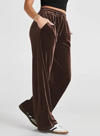 Women's High Waist Velvet Wide Leg Pants Drawstring Elastic Waist Loose Casual Trousers Autumn Winter Solid Color Long Pants B